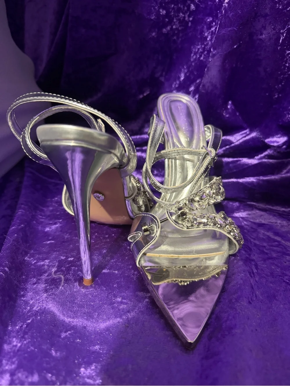 AKIRA Silver Crystal Strap Stiletto Heels
